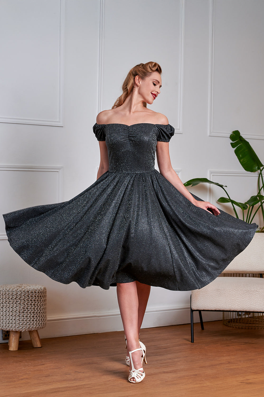 retro swing dresses Gold 1950s Off-Shoulder Sequined Dress Available in sizes S Darlene Retro Check Swing Dress