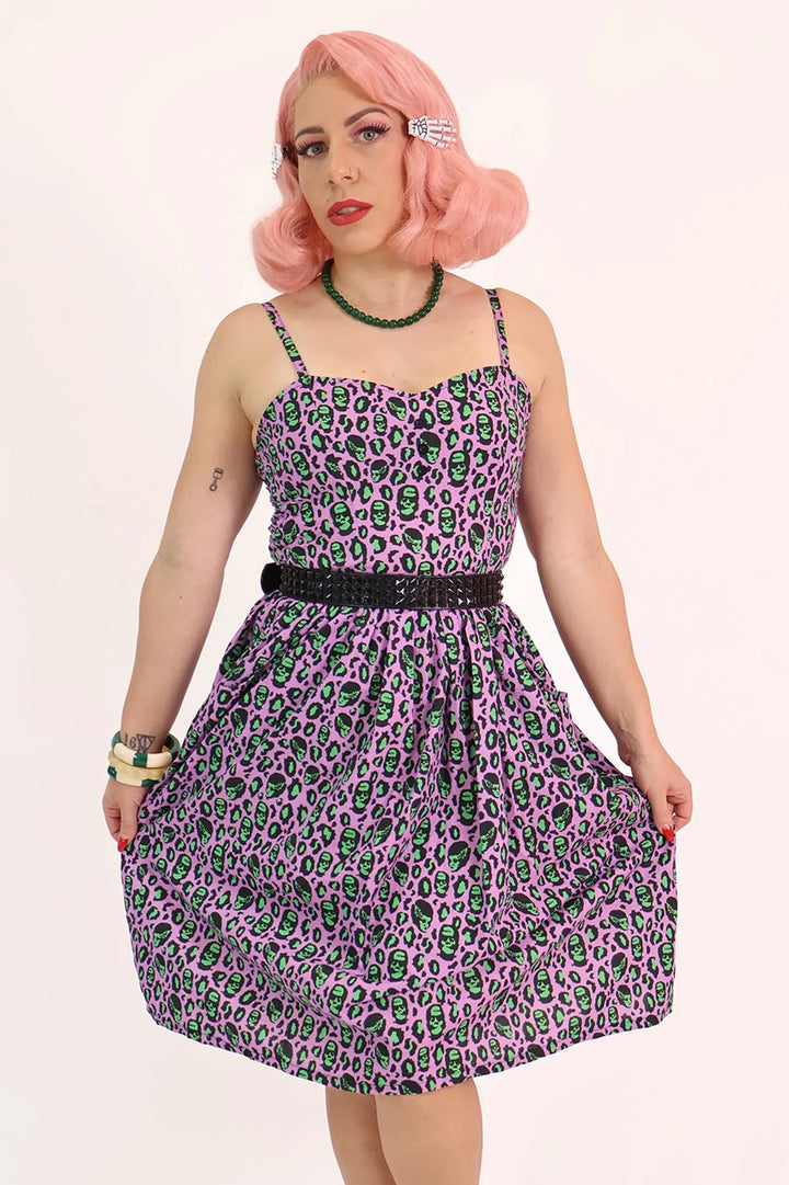 Franken-Leopard Purple and Green Gathered Dress